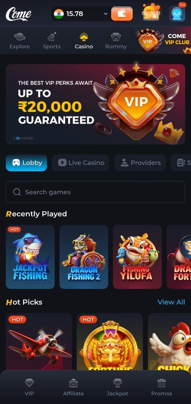 Come-Play APK app interface preview showing the gaming dashboard